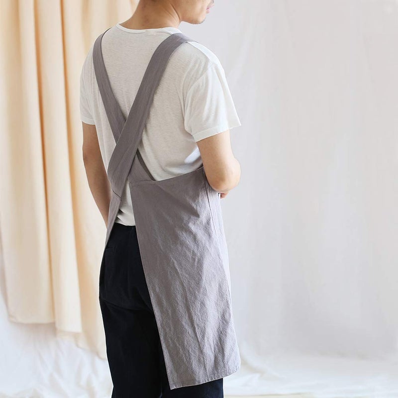 NEWGEM Japanese Linen Cross Back Kitchen Cooking Aprons for Men with Pockets for Baking Painting Gardening Cleaning Gray - Image 4